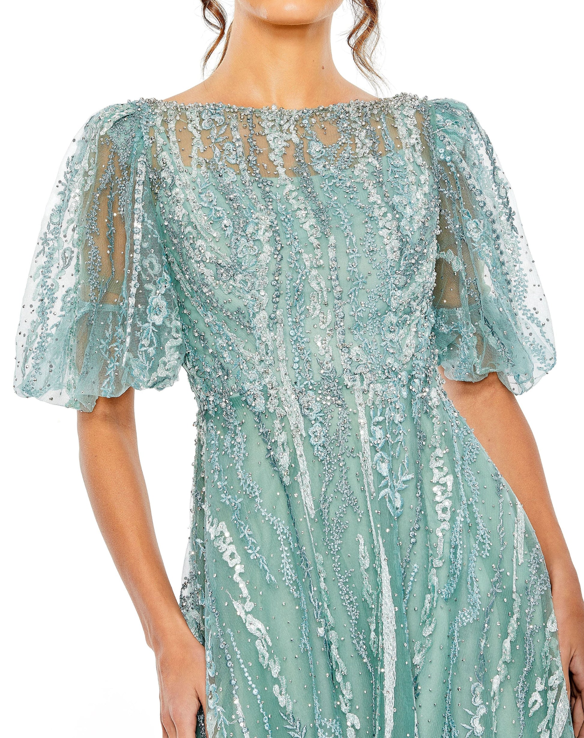Mac Duggal 20485 Puff Sleeve Embellished A Line Midi Dress