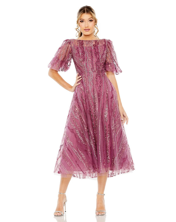 Cocktail Dresses Puff Sleeve Embellished A Line Midi Dress Berry