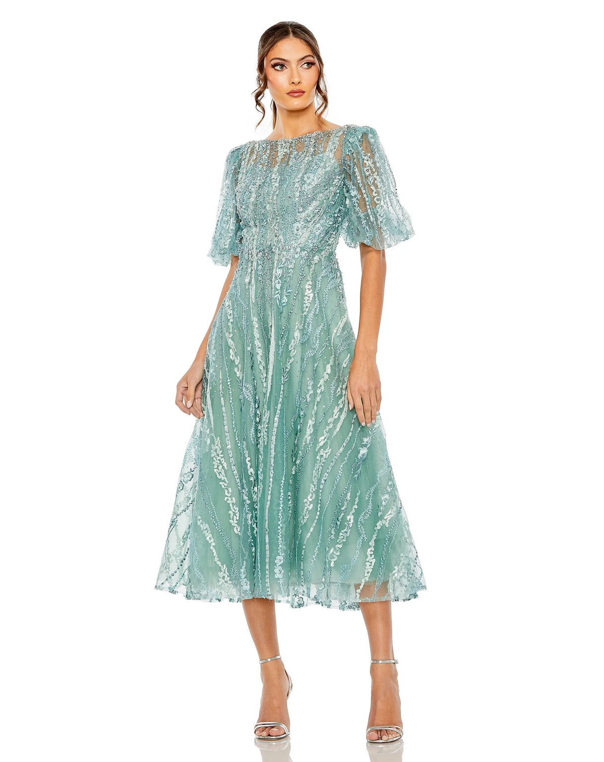 Puff Sleeve Embellished A Line Midi Dress Puff Sleeve Embellished A Li –  The Dress Outlet