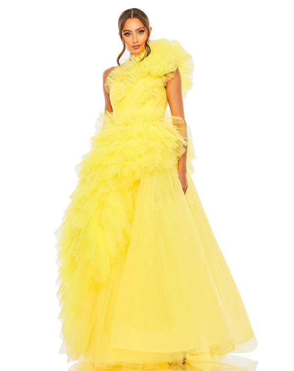 Long One Shoulder Ruffle Prom Gown One Shoulder Ruffle Detail Mac Duggal 20534