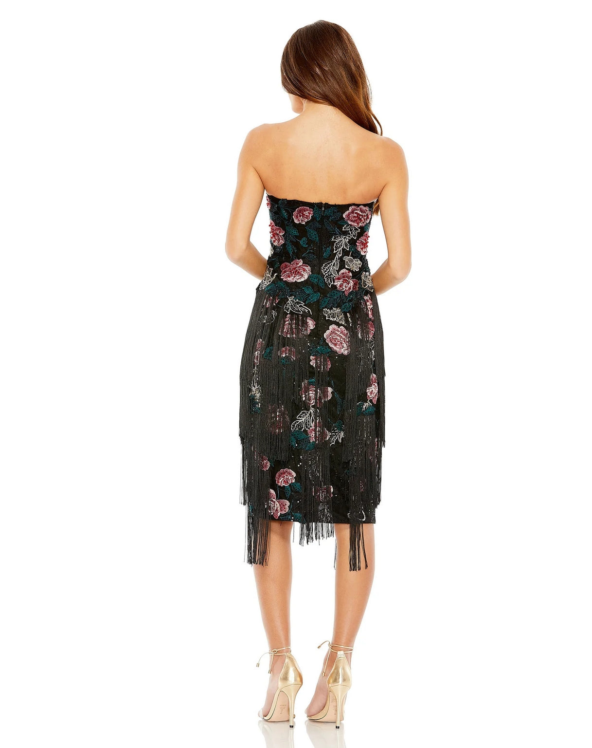 Mac Duggal 20577 Strapless Floral Embroidered Midi Fringe Dress