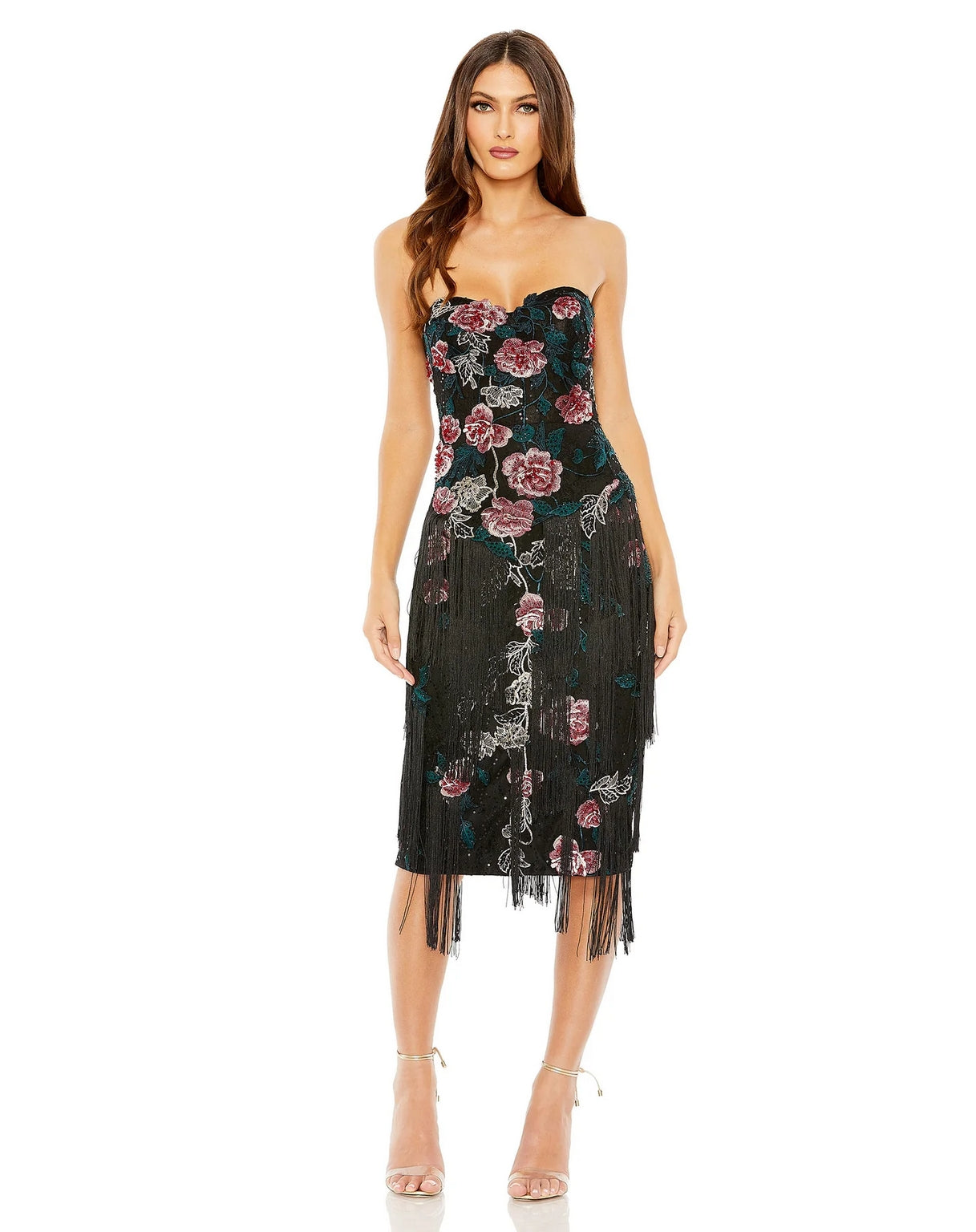 mac duggal embroidered floral dress Ivory Floral Embroidered Sweetheart Neckline Midi Dress