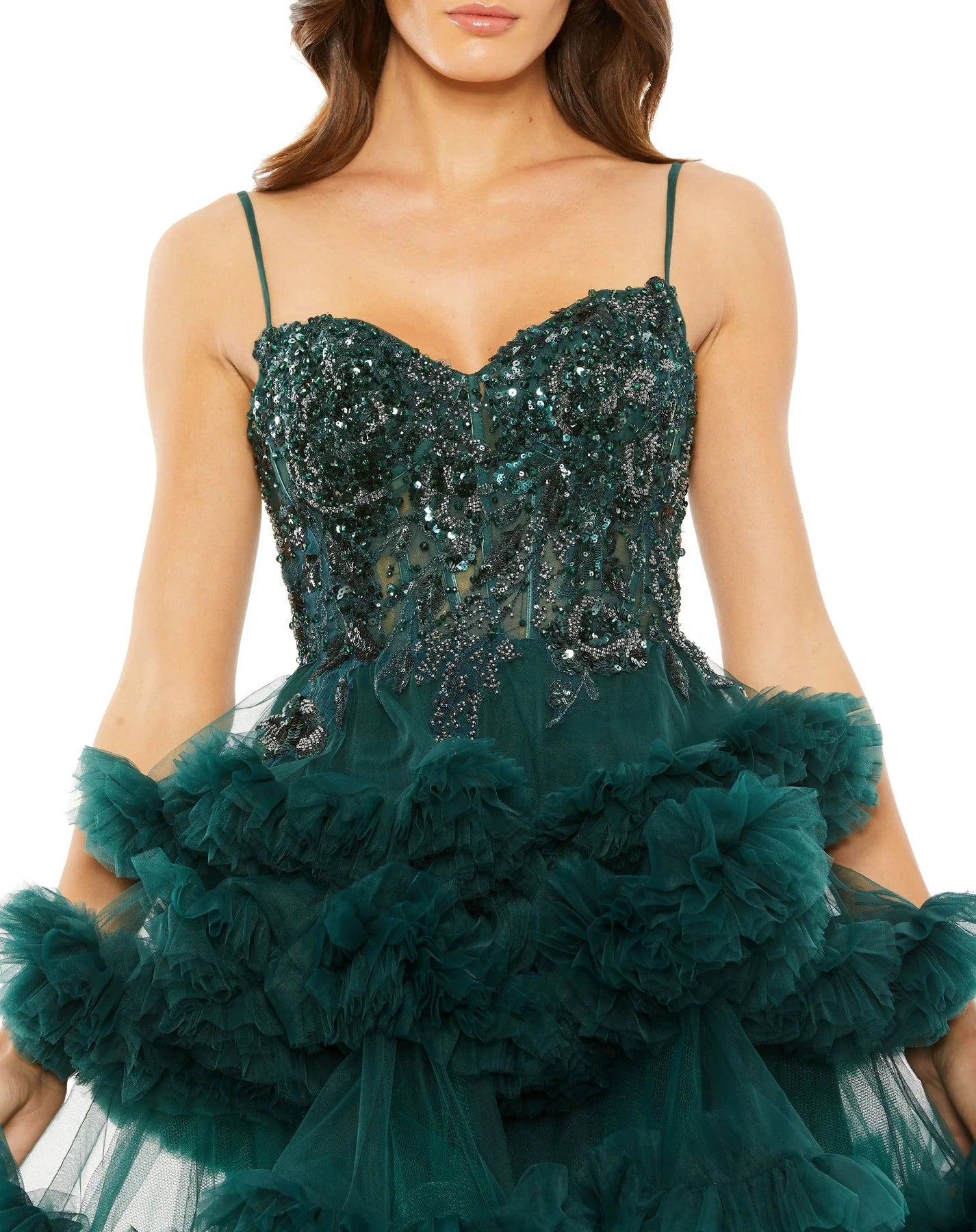 Mac Duggal 20645 Thin Strap Beaded Bodice Tiered Tulle Short Dress