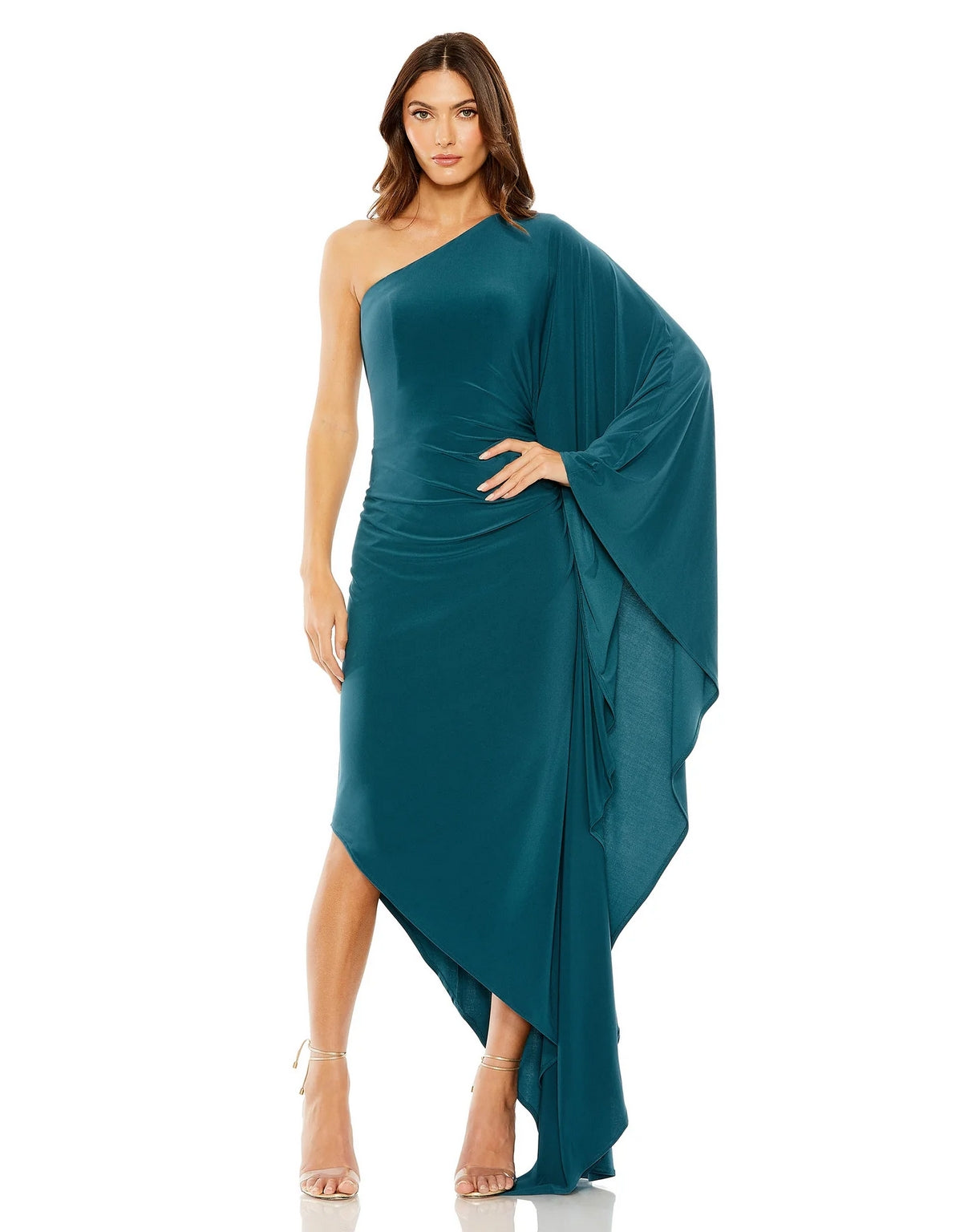 One Shoulder Cape Sleeve High Low Dress One Shoulder Cape Sleeve High Low  Mac Duggal 20673