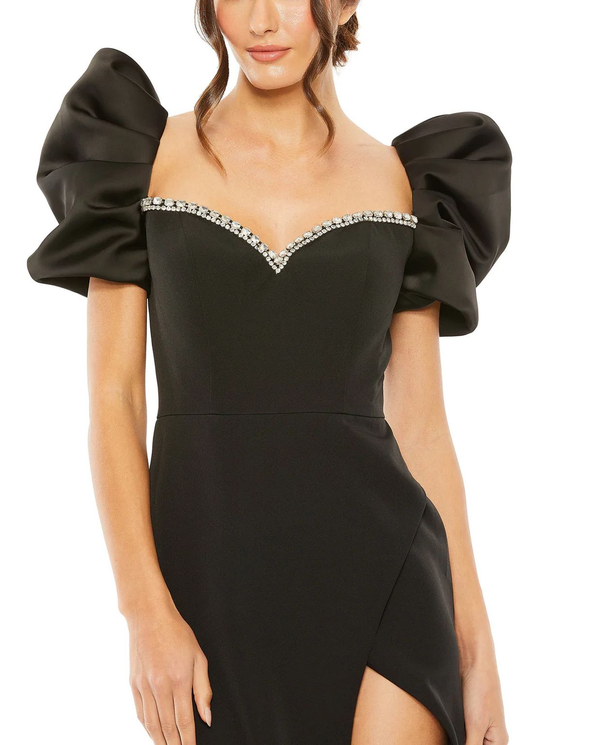 Mac Duggal 20687 Long Puff Sleeve Beaded Sweetheart Neck High Slit Dress