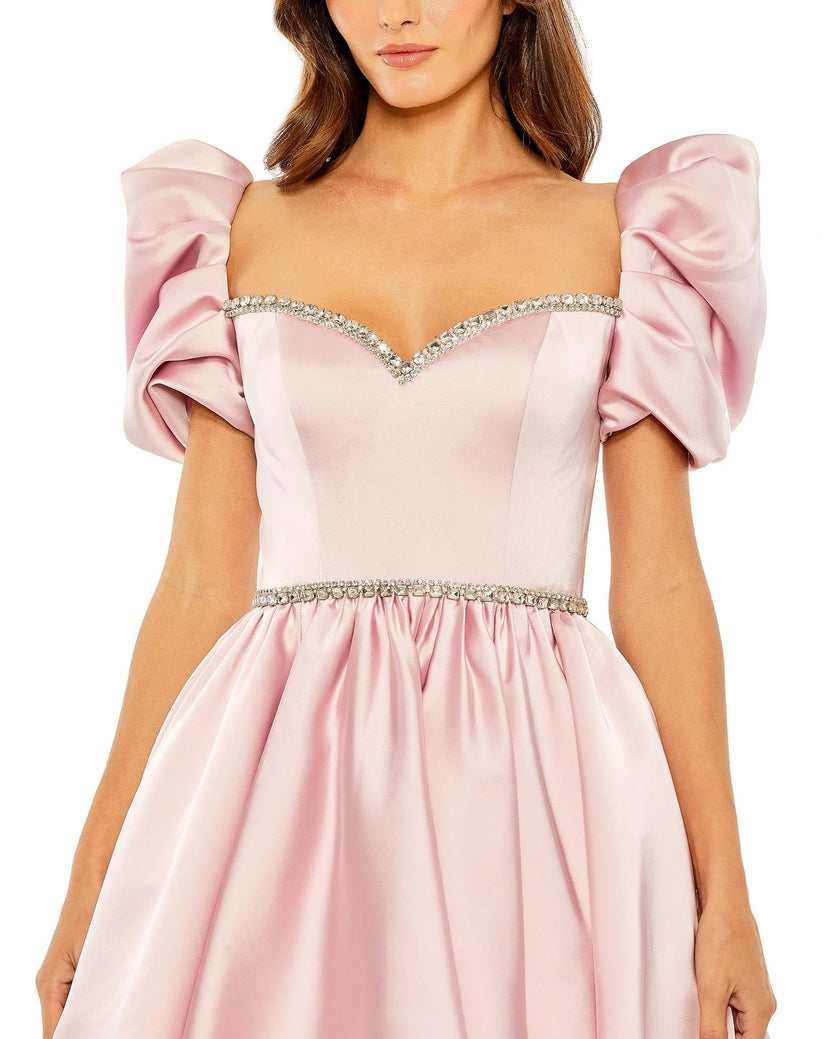 Blush Mac Duggal 20688 Puff Sleeve Beaded Top Full Skirt Short Dress ...