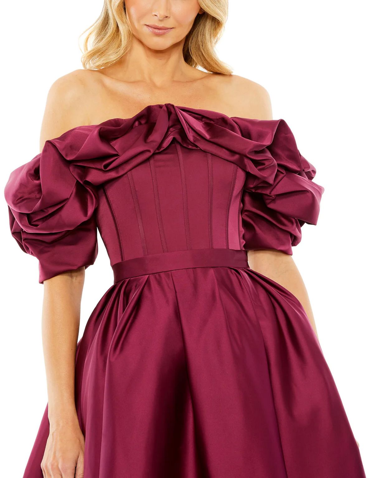 Mac Duggal 20706 Off Shoulder Ruffle Tea Length Dress