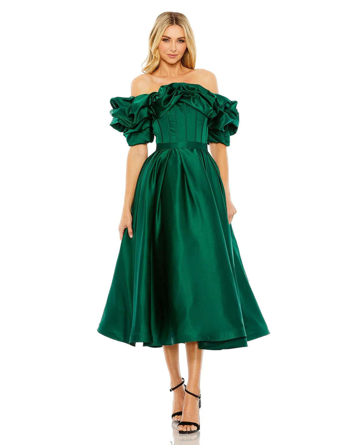 Mac Duggal - Green Off The Shoulder Tea Length Dress - US 16 Mac Duggal - Green Off The Shoulder Tea Length Dress - US 16