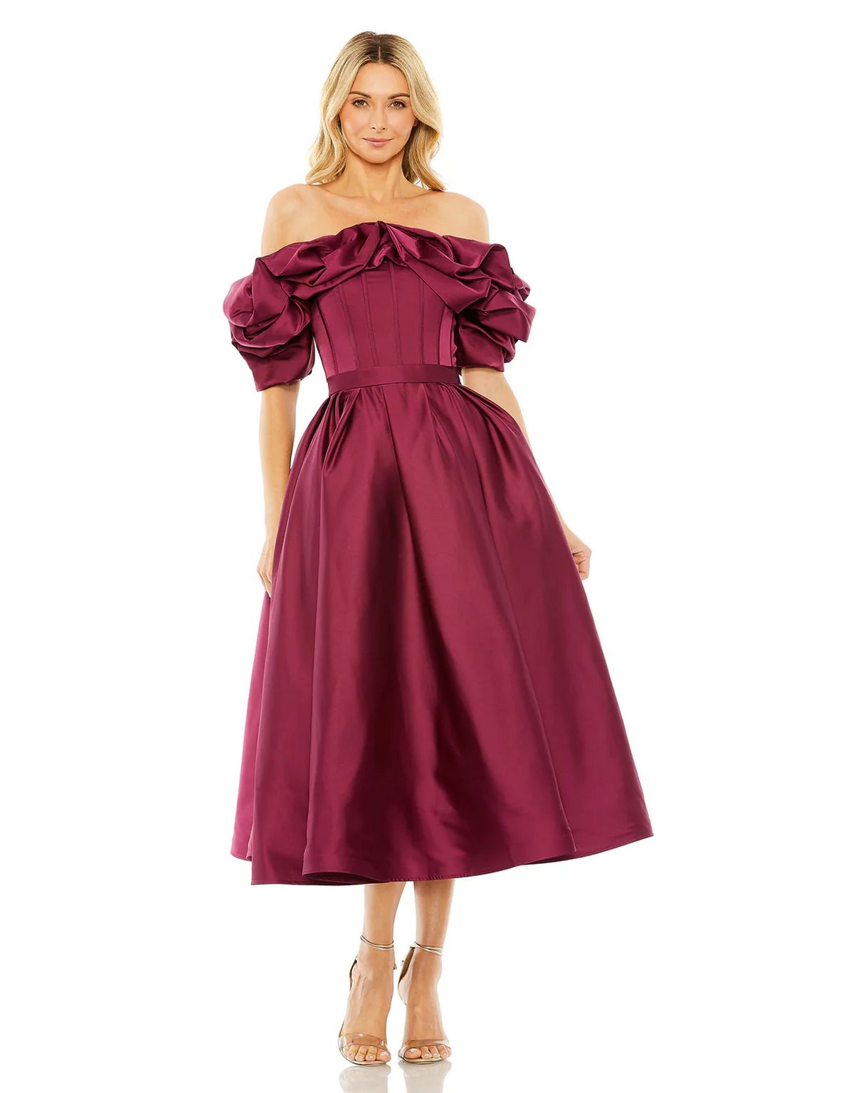 Mac Duggal 20706 Off Shoulder Ruffle Tea Length Dress