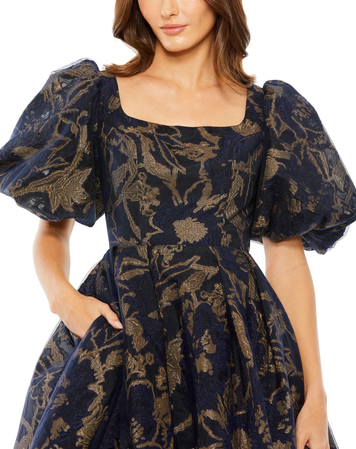 Midnight Gold Mac Duggal 20715 Puff Sleeve Brocade Pockets Midi Dress
