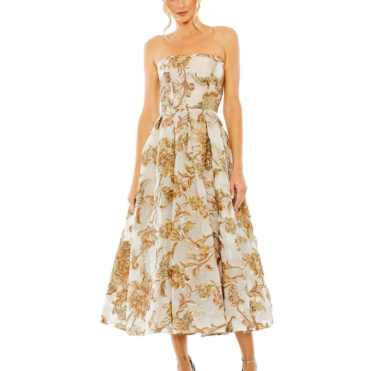 Mac Duggal Women's Strapless Brocade Midi Dress with Pockets