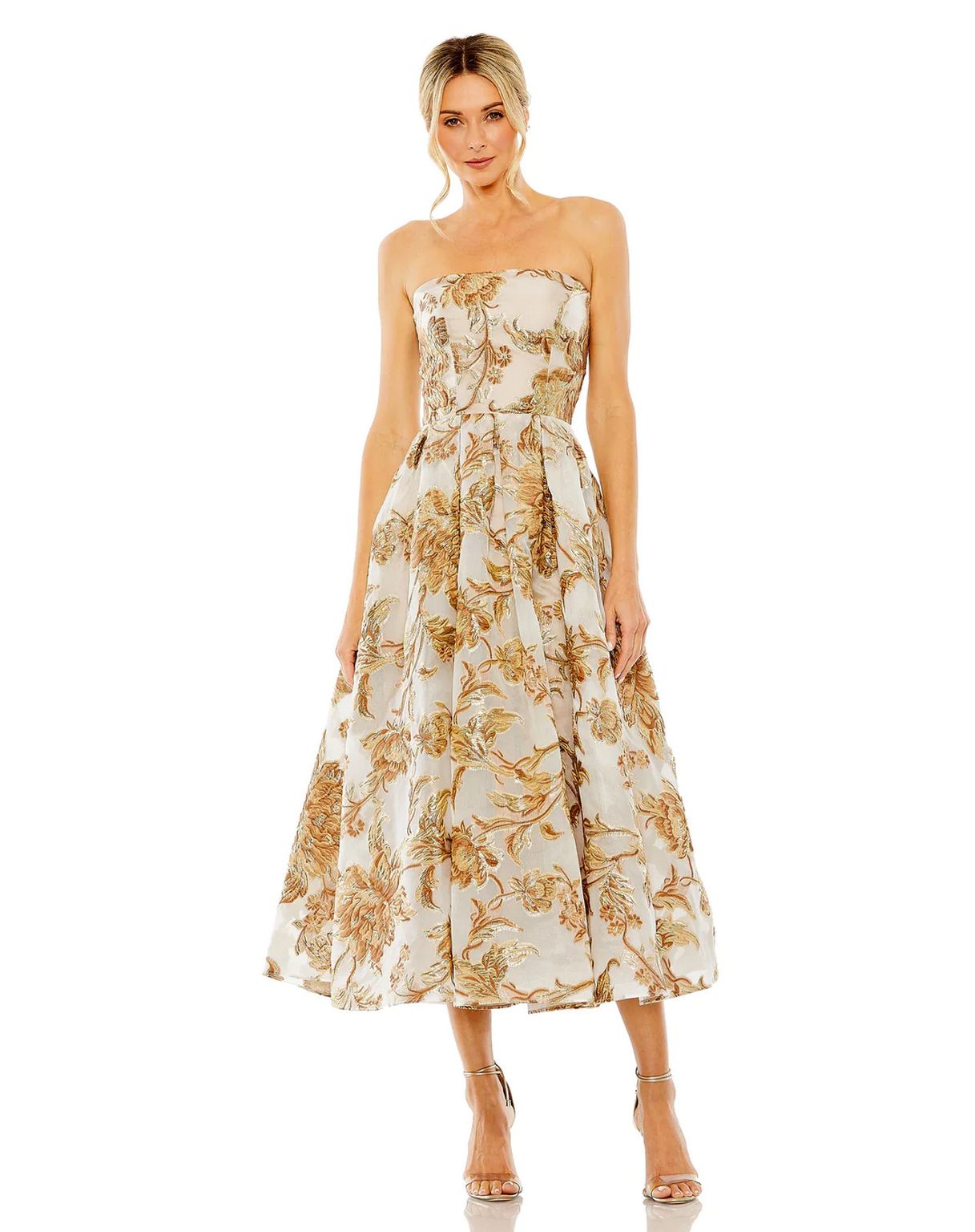 Mac Duggal Strapless Brocade Midi-Dress - Bronze Mac Duggal Strapless Brocade Midi-Dress - Bronze