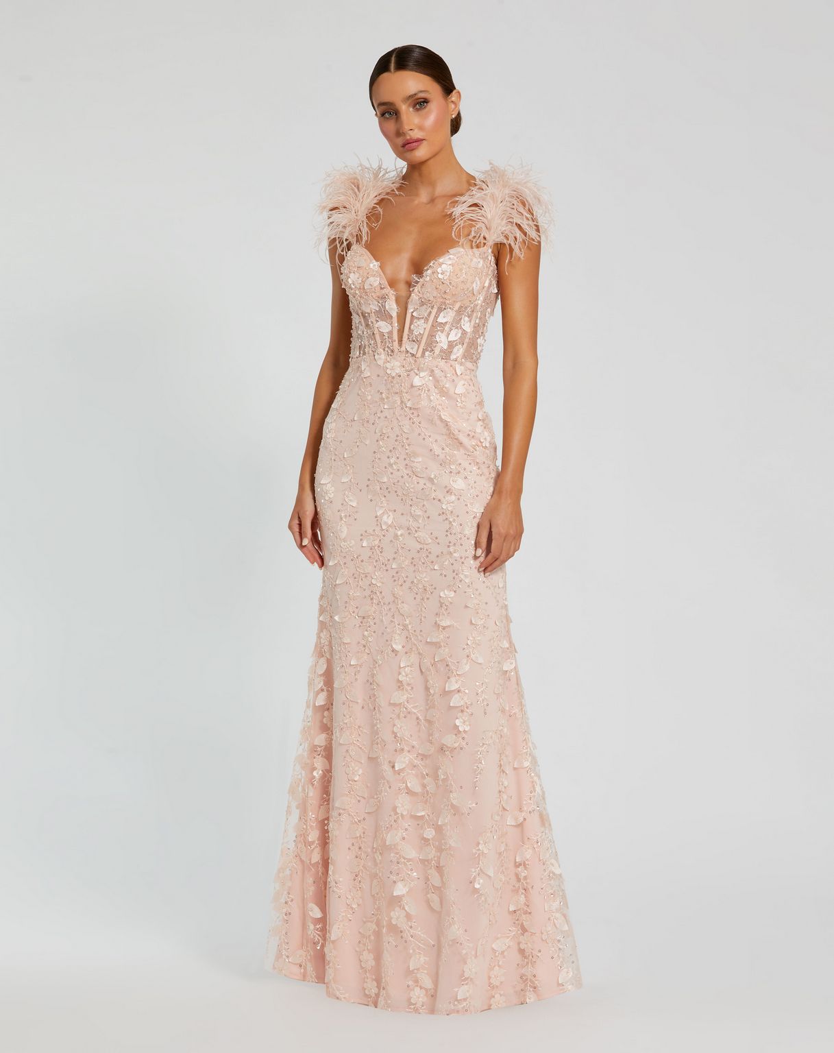 Mac Duggal 20889 Long Fitted Feather Straps Prom Dress