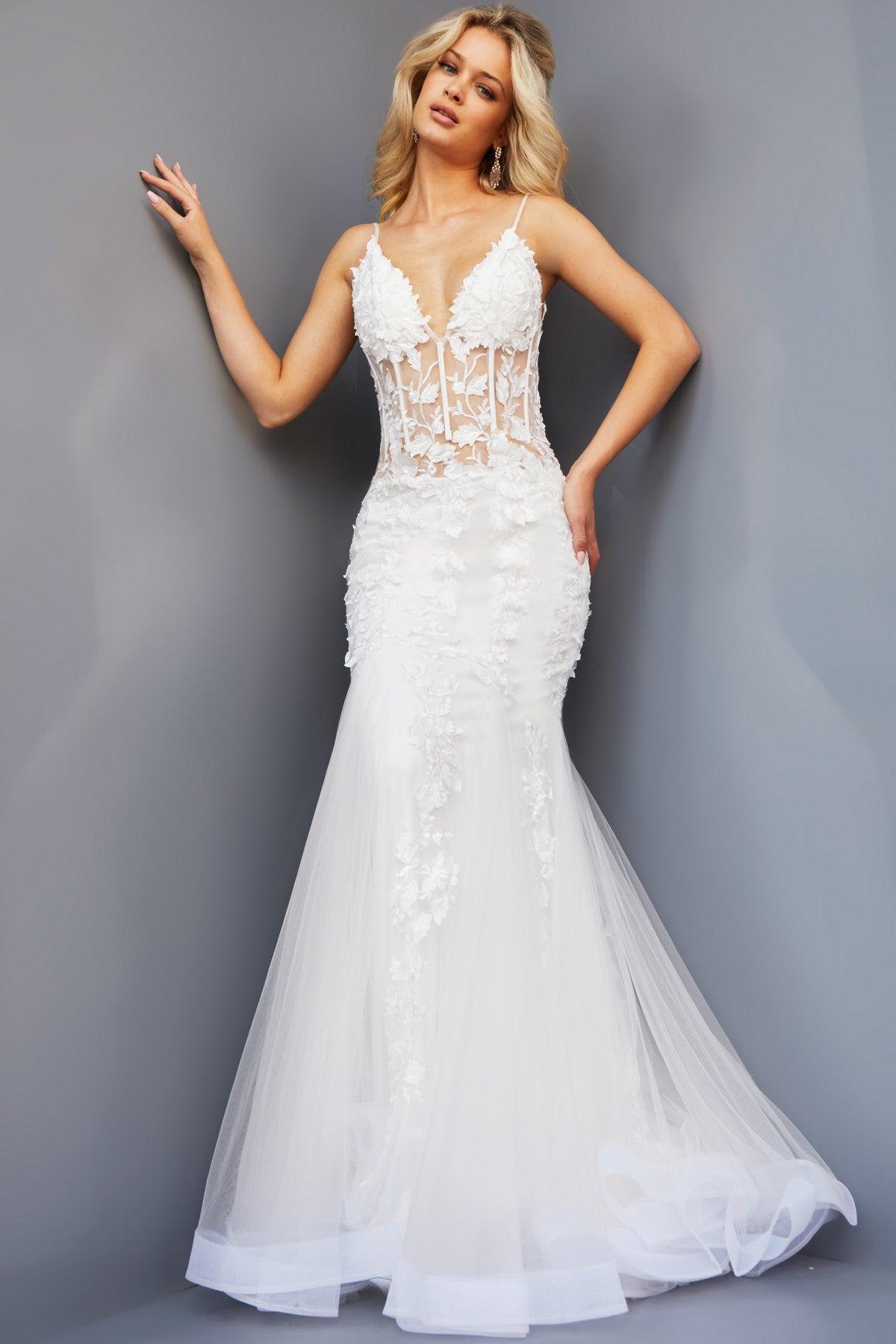 Jovani 02841 Long Spaghetti Strap Mermaid Wedding Gown