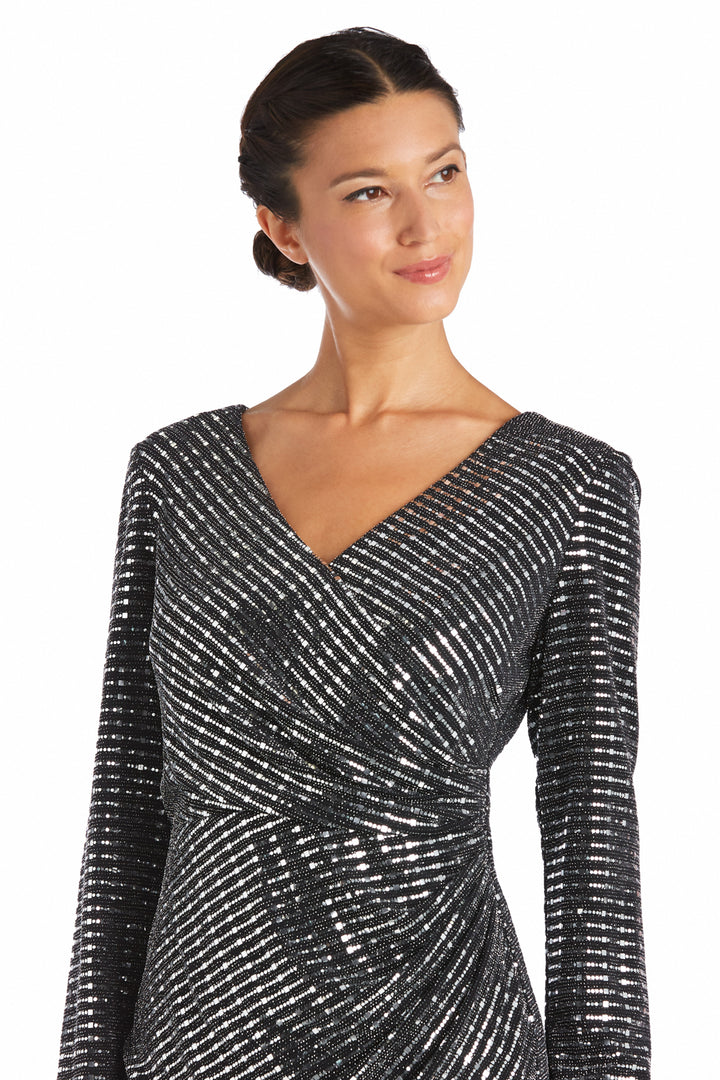 Nightway 21843 Long Sleeve Metallic Cocktail Short Dress