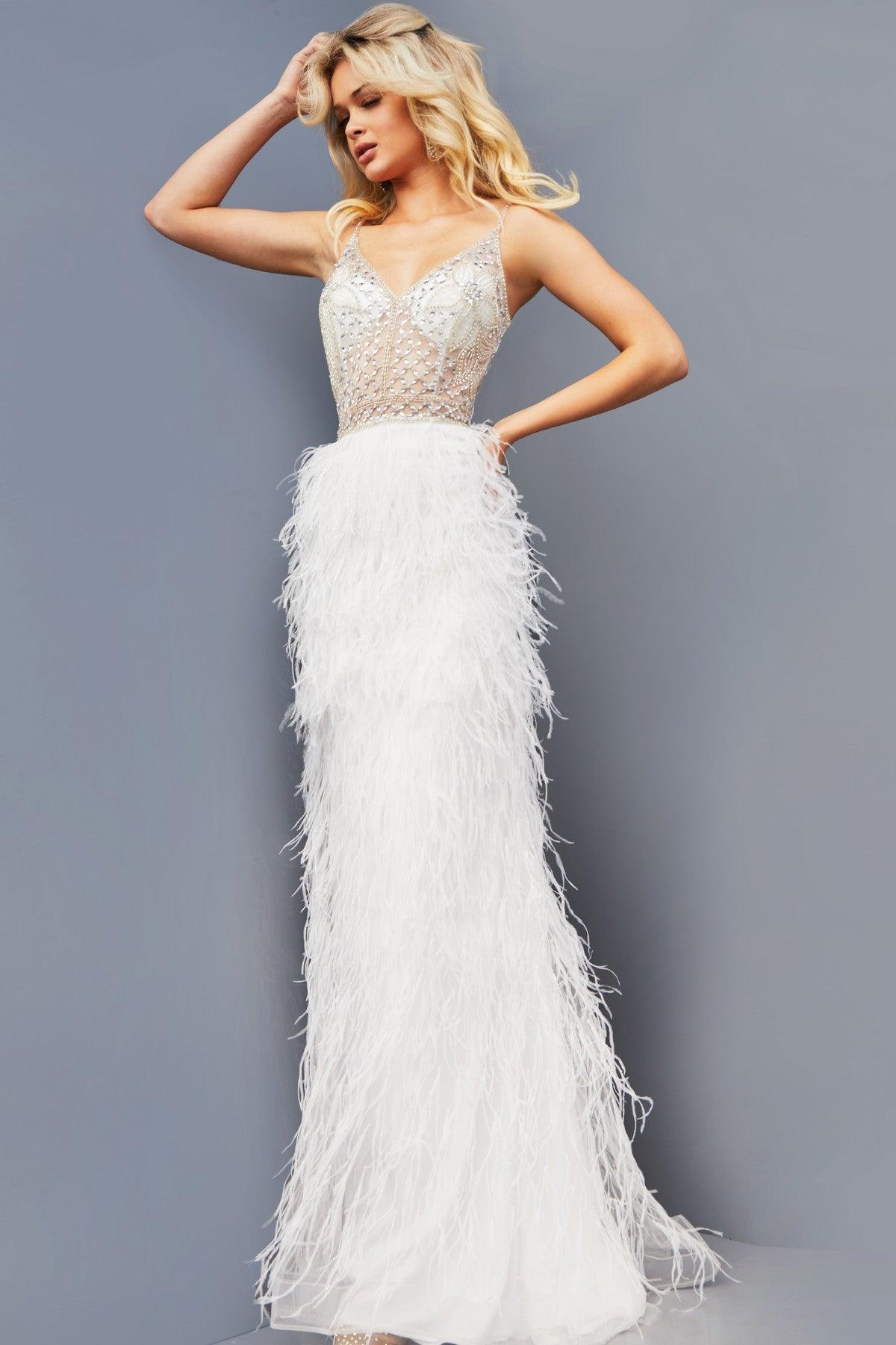 Jovani 08525 Long Spaghetti Strap Feather Skirt Prom Dress