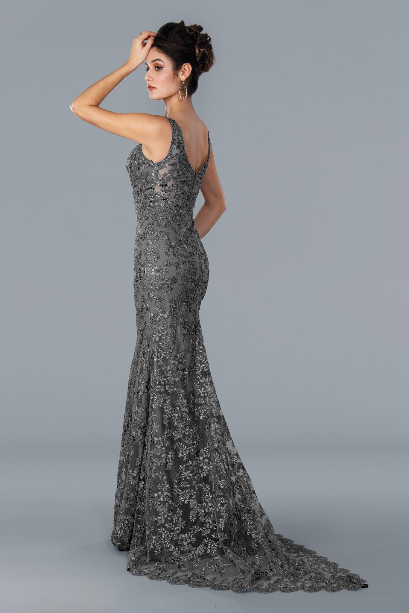22353 Sleeveless Long Prom Dress Charcoal