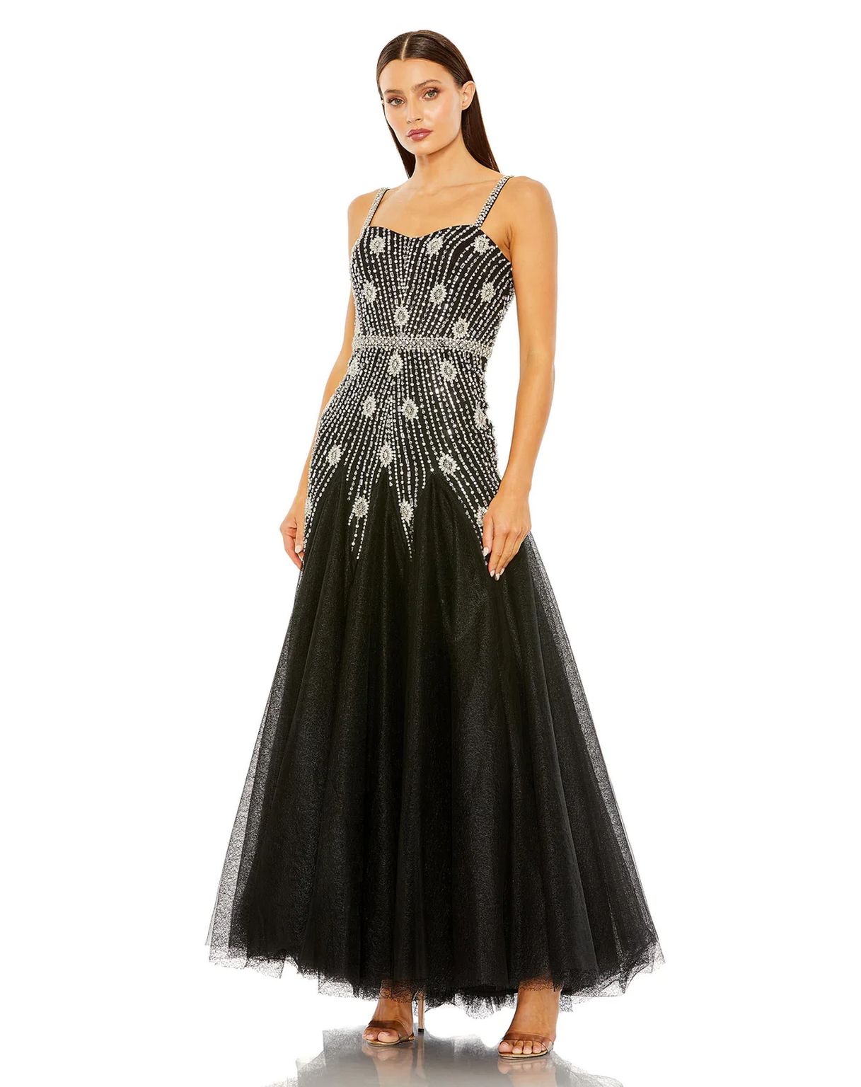 Mac Duggal - Beige Slim Strap Embellished Bustier Gown - US 12 Mac Duggal - Beige Slim Strap Embellished Bustier Gown - US 12