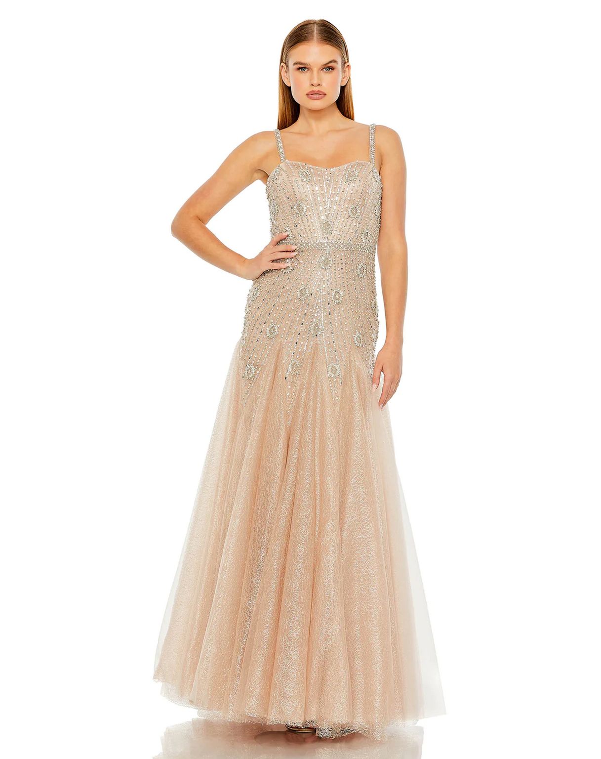 Mac Duggal - Beige Slim Strap Embellished Bustier Gown - US 12 Mac Duggal - Beige Slim Strap Embellished Bustier Gown - US 12