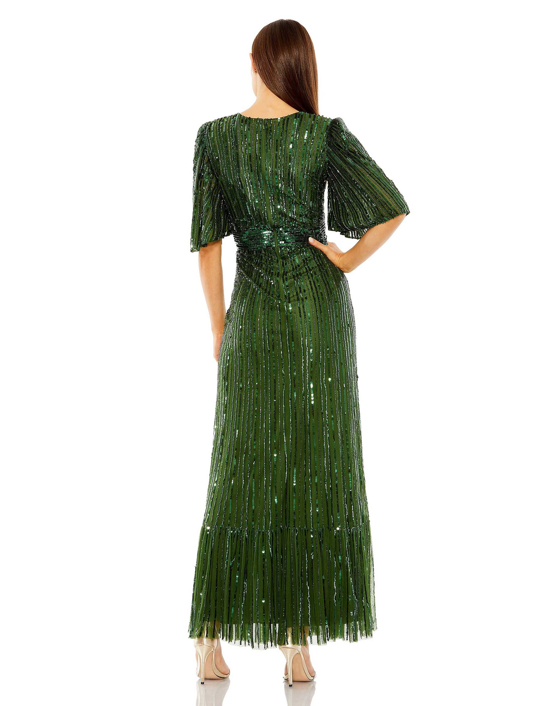 Mac Duggal 23010 Long Flutter Sleeve Deep V Ruffle Hem Sequin Dress