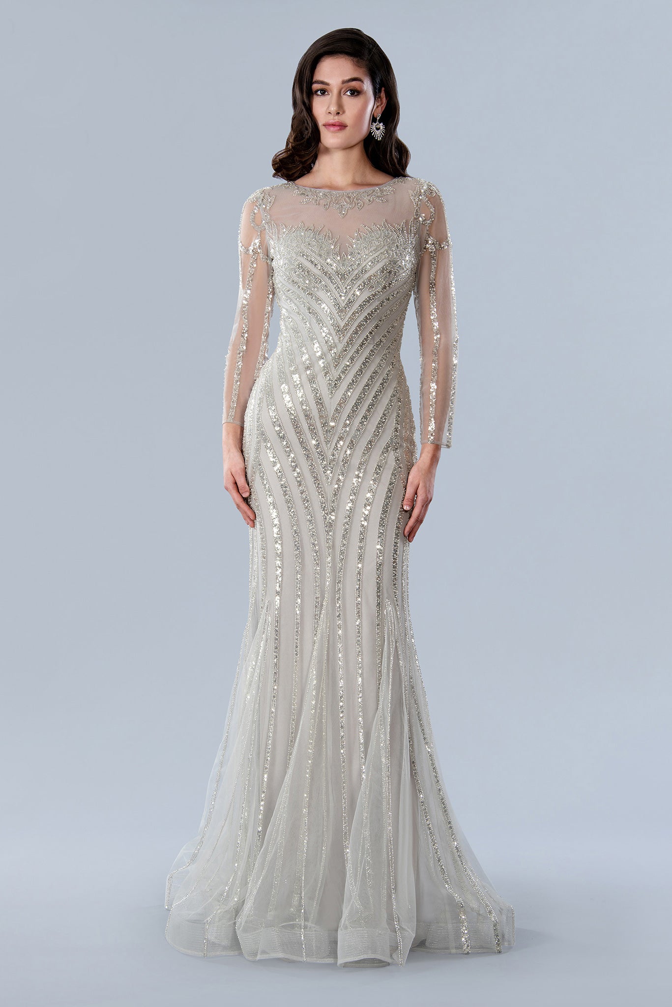 Formal Dresses Long Sleeve Formal Sequin Prom Dress Silver