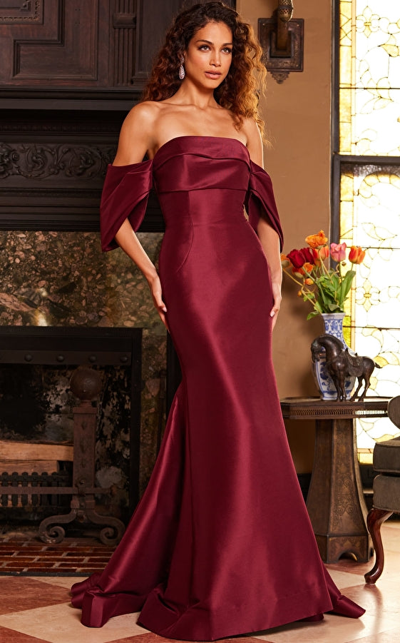 Burgundy Jovani 23398 Drape Sleeve Off Shoulder Formal Dress for $750.0