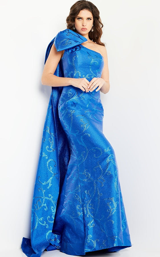 Jovani 23742 One Shoulder Cape Formal Dress with Oversized Bow - Royal - Size 14 Jovani 23742 One Shoulder Cape Formal Dress with Oversized Bow - Royal - Size 14