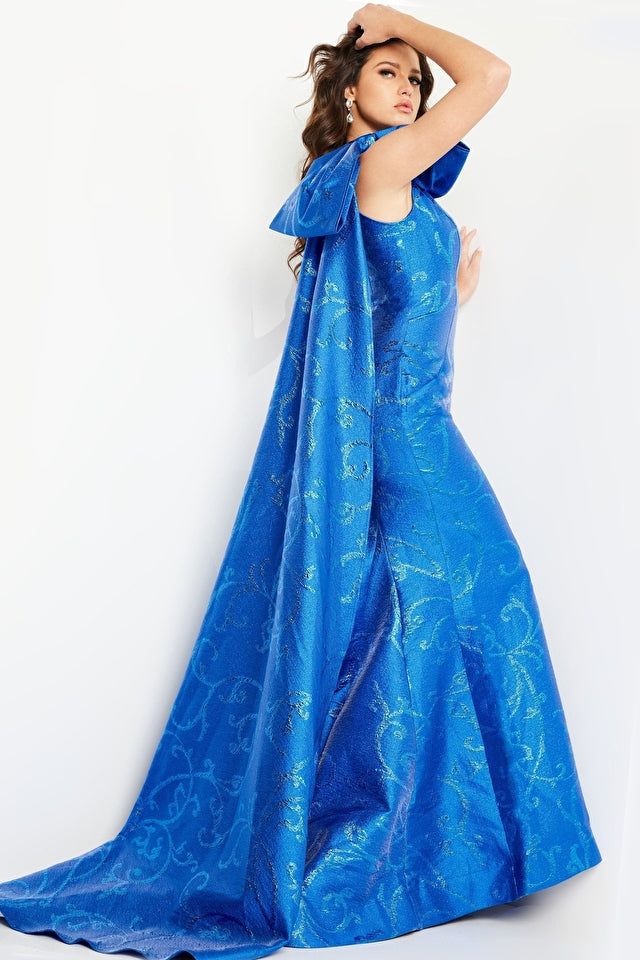 Jovani 23742 One Shoulder Cape Formal Dress with Oversized Bow - Royal