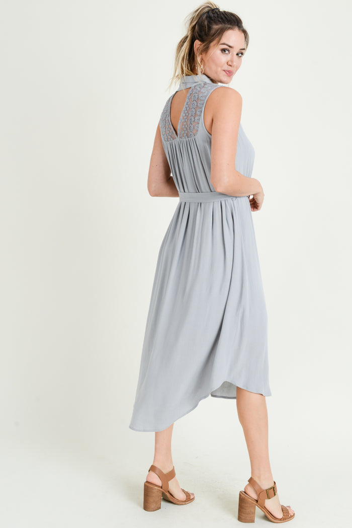 Cocktail Dresses Sleeveless Collared Button Midi Dress  Ligth Grey