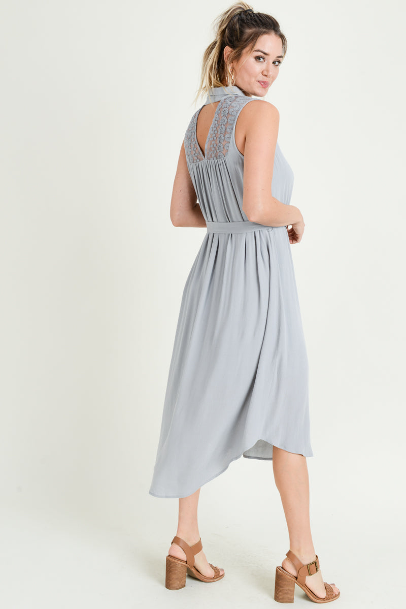 Cocktail Dresses Sleeveless Collared Button Midi Dress  Ligth Grey