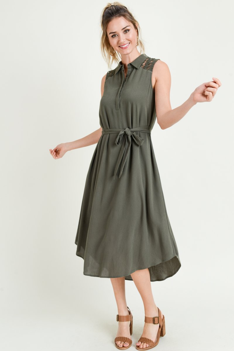 Cocktail Dresses Sleeveless Collared Button Midi Dress  Olive