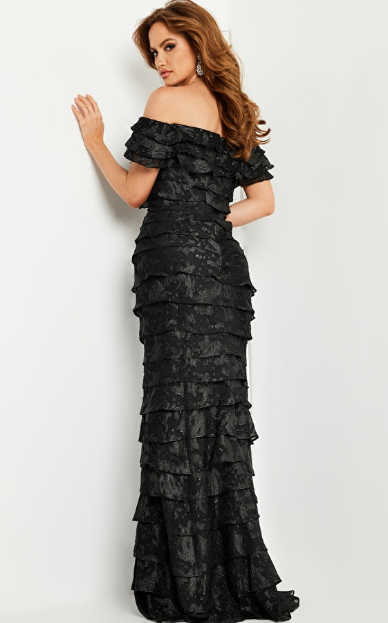 Off The Shoulder Ruffles Sequins Layers Black Long Formal Dress