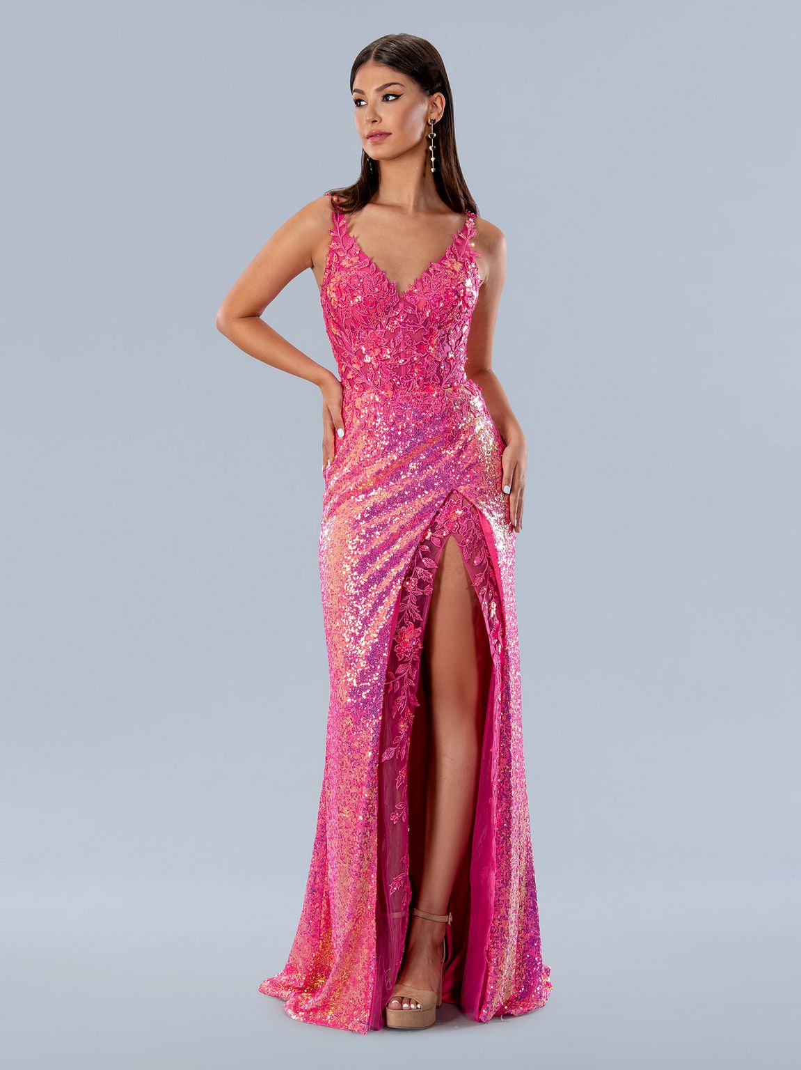 Navy Stella Couture 24200 Floral Applique Formal Long Sequin Prom Dress