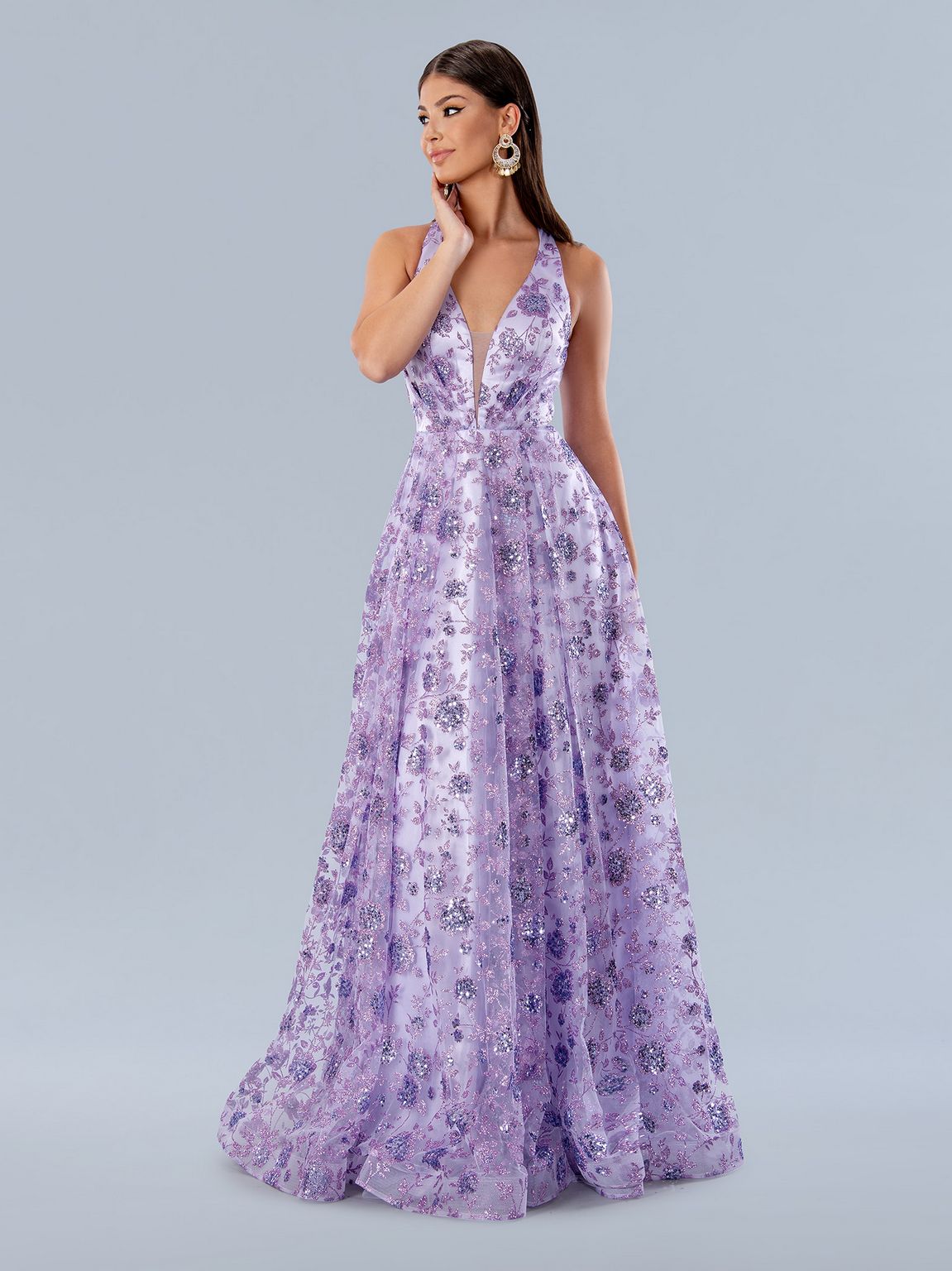 Prom Dresses Floral Sequin Long Formal Prom Dress Lilac