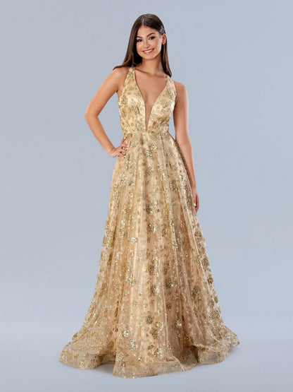 Prom Dresses Floral Sequin Long Formal Prom Dress Gold