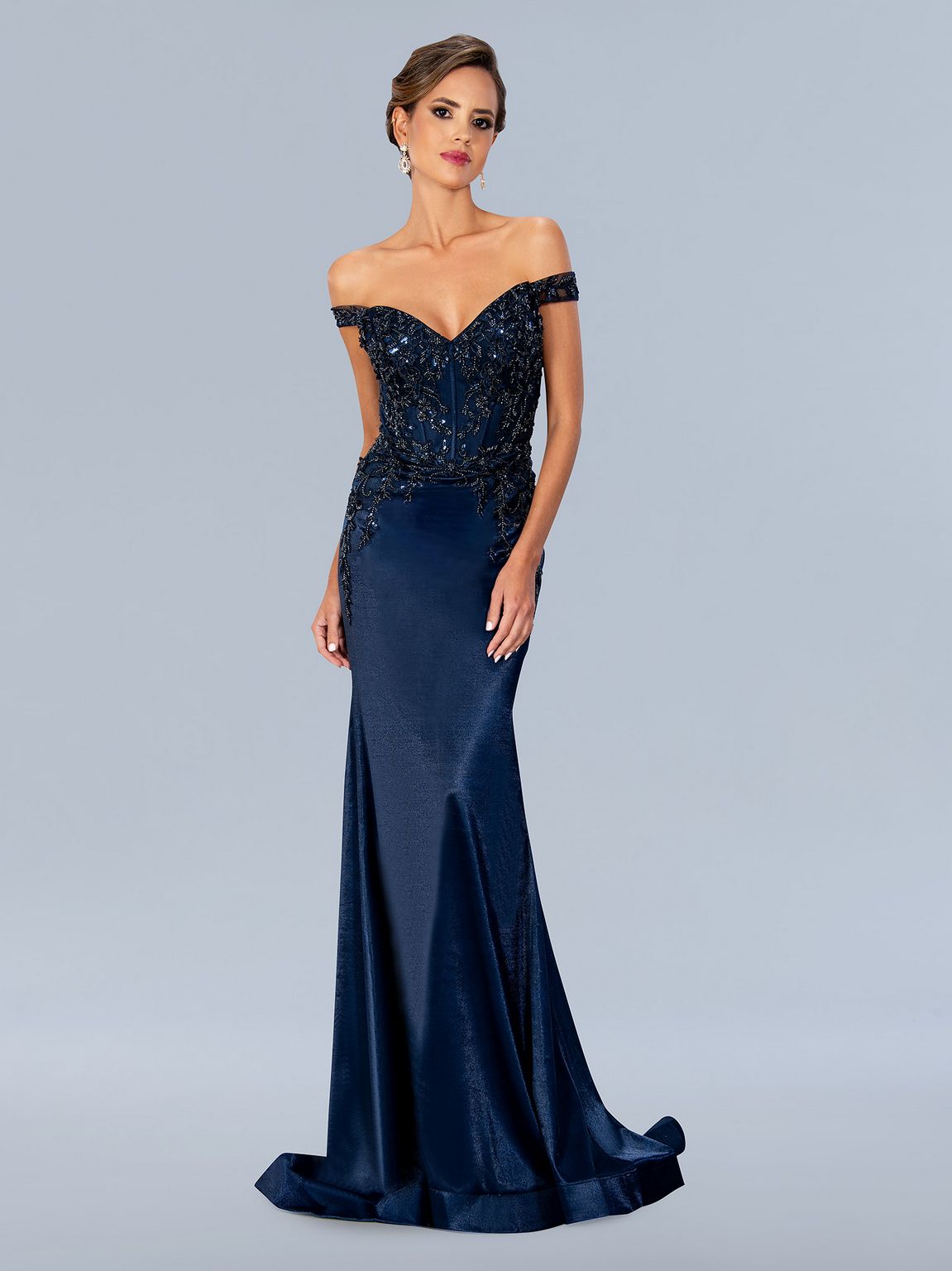 Navy Stella Couture 24303 Long Formal Floral Beaded Prom Dress for $369