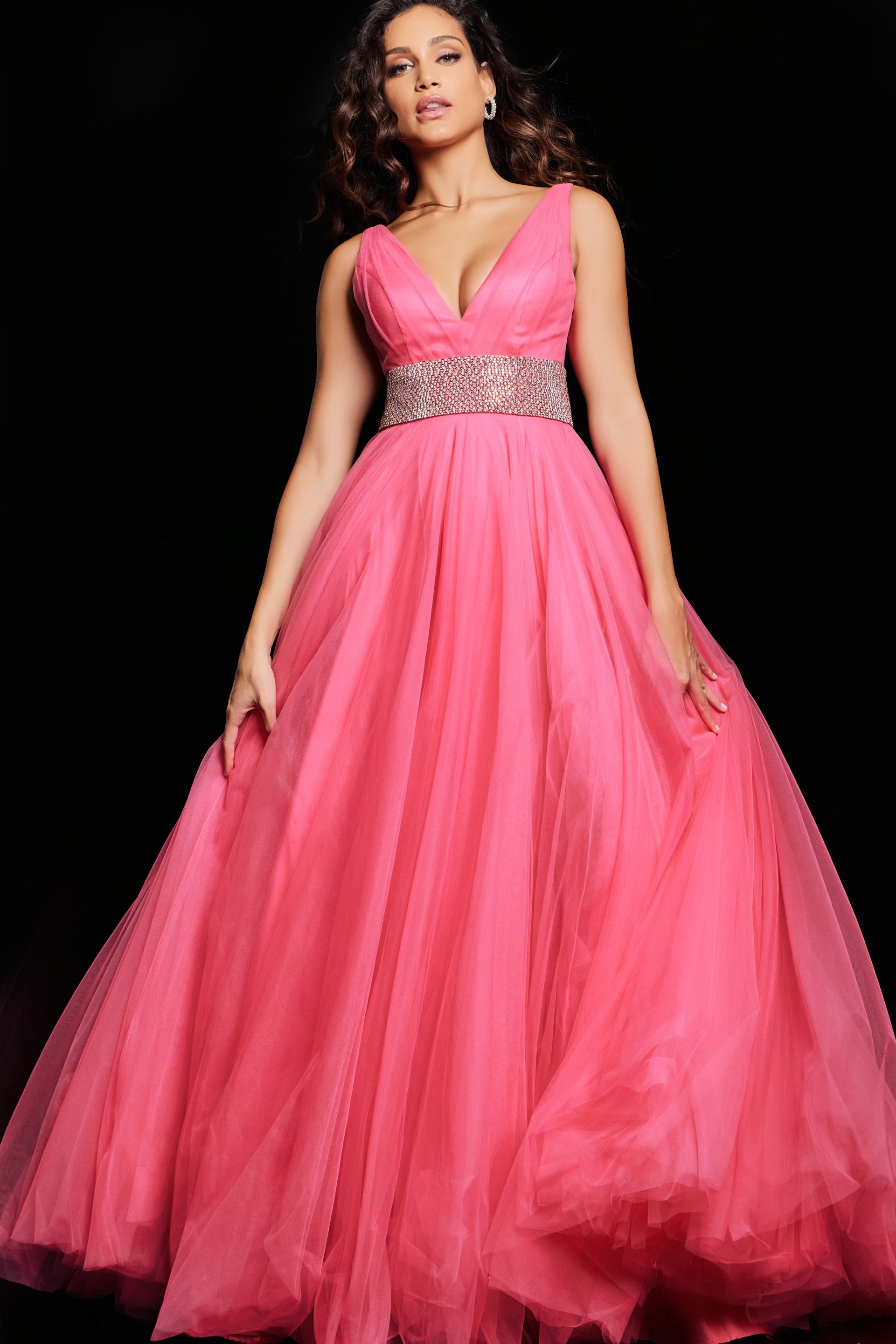 Prom Dresses Sleeveless Embellished Waist V Neck Prom Dress Hot Pink