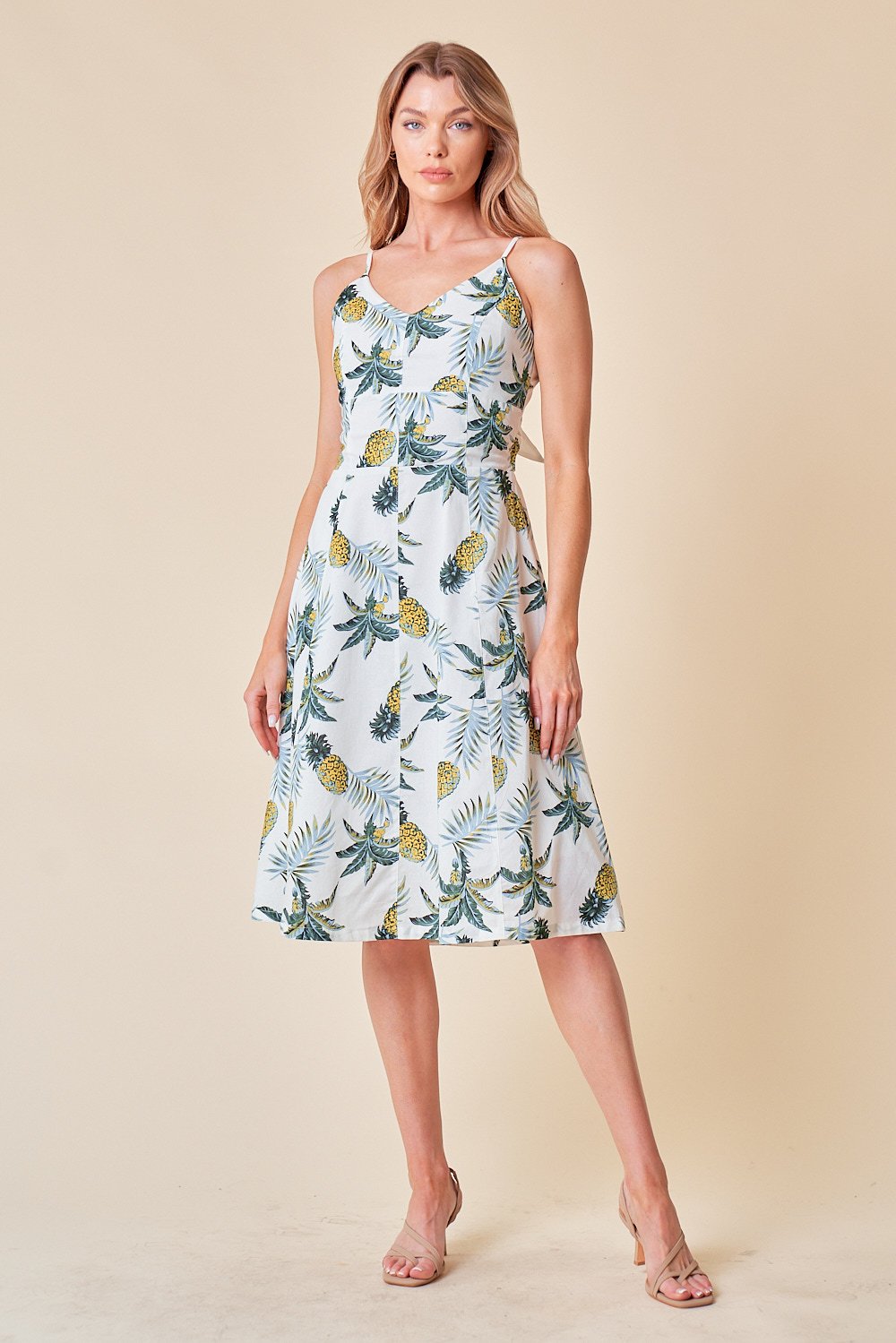 Cocktail Dresses Spaghetti Strap Bow Back Tie Midi Dress Off White