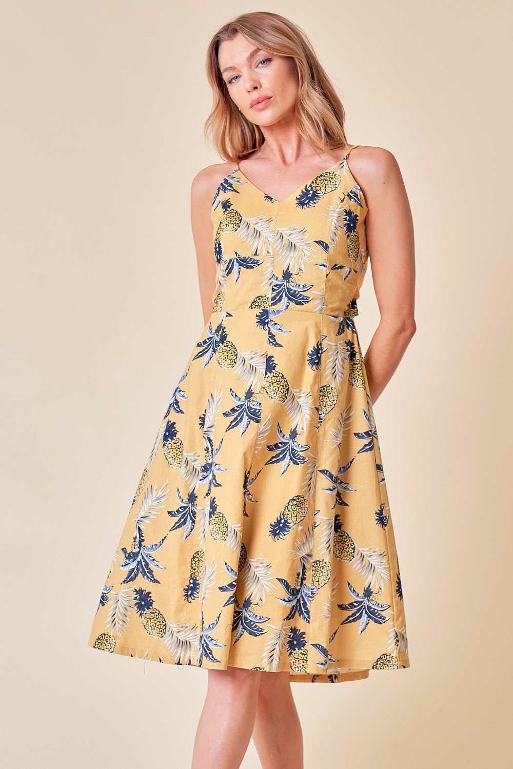 Cocktail Dresses Spaghetti Strap Bow Back Tie Midi Dress Yellow