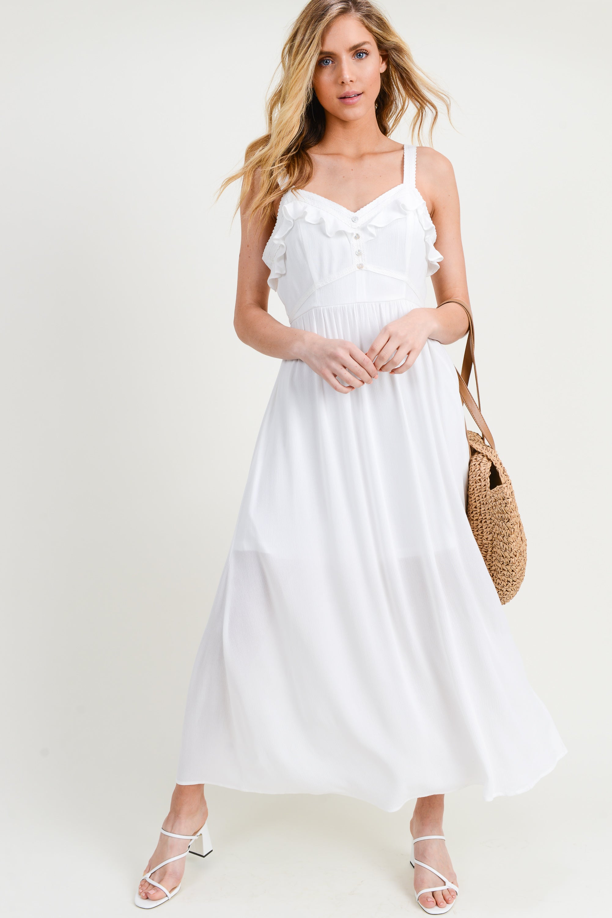 Cocktail Dresses Ruffle Crochet Lace Maxi Dress Off White