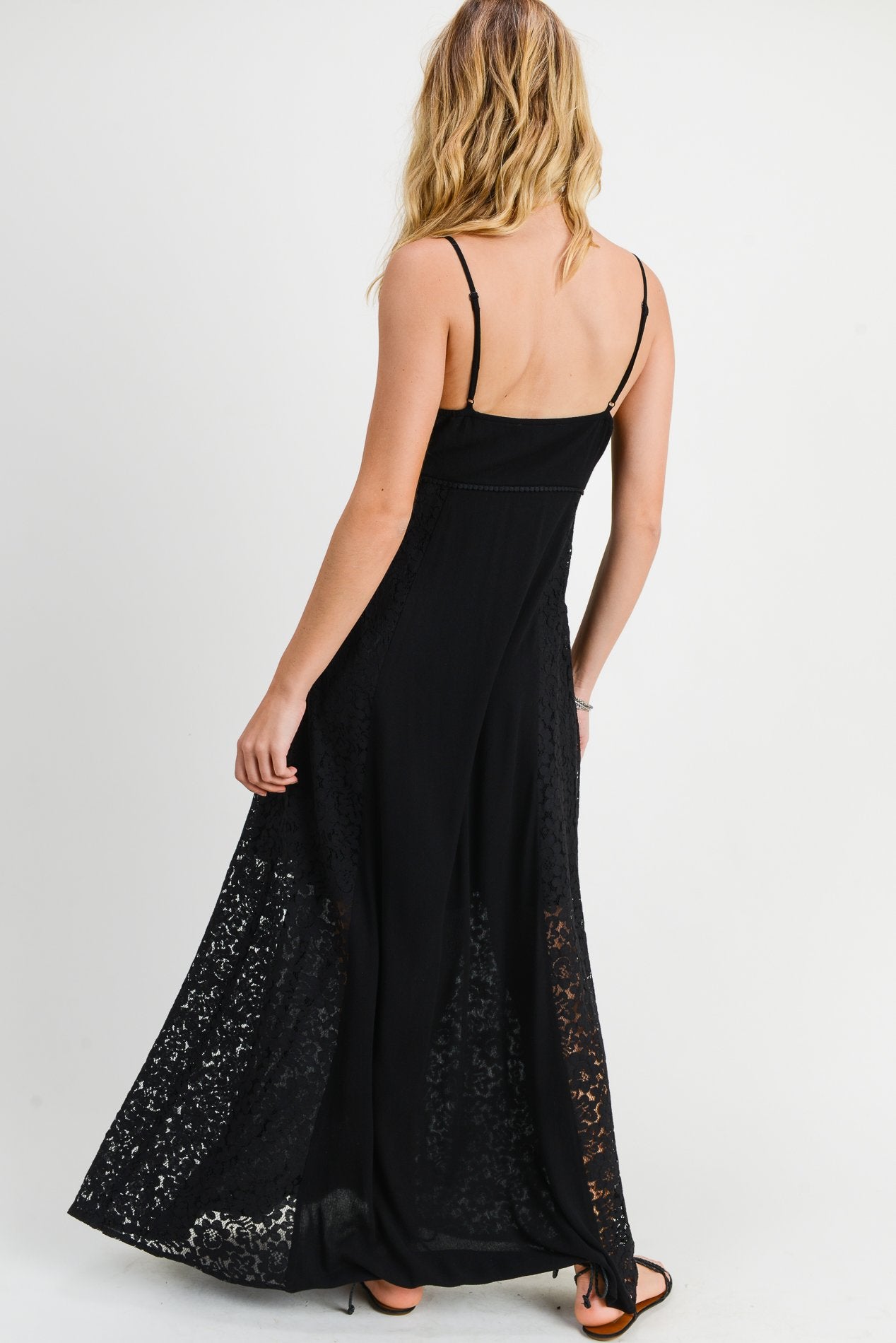 Black Long Spaghetti Strap Lace Maxi Dress