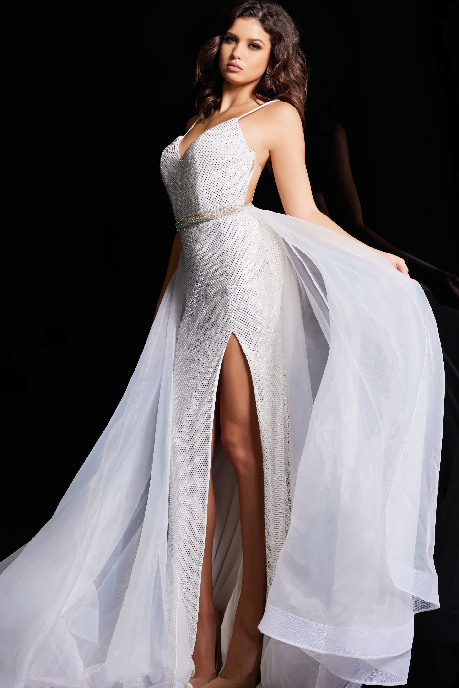 Prom Dresses Spaghetti Strap Over Skirt Embellished Prom Dress Off White