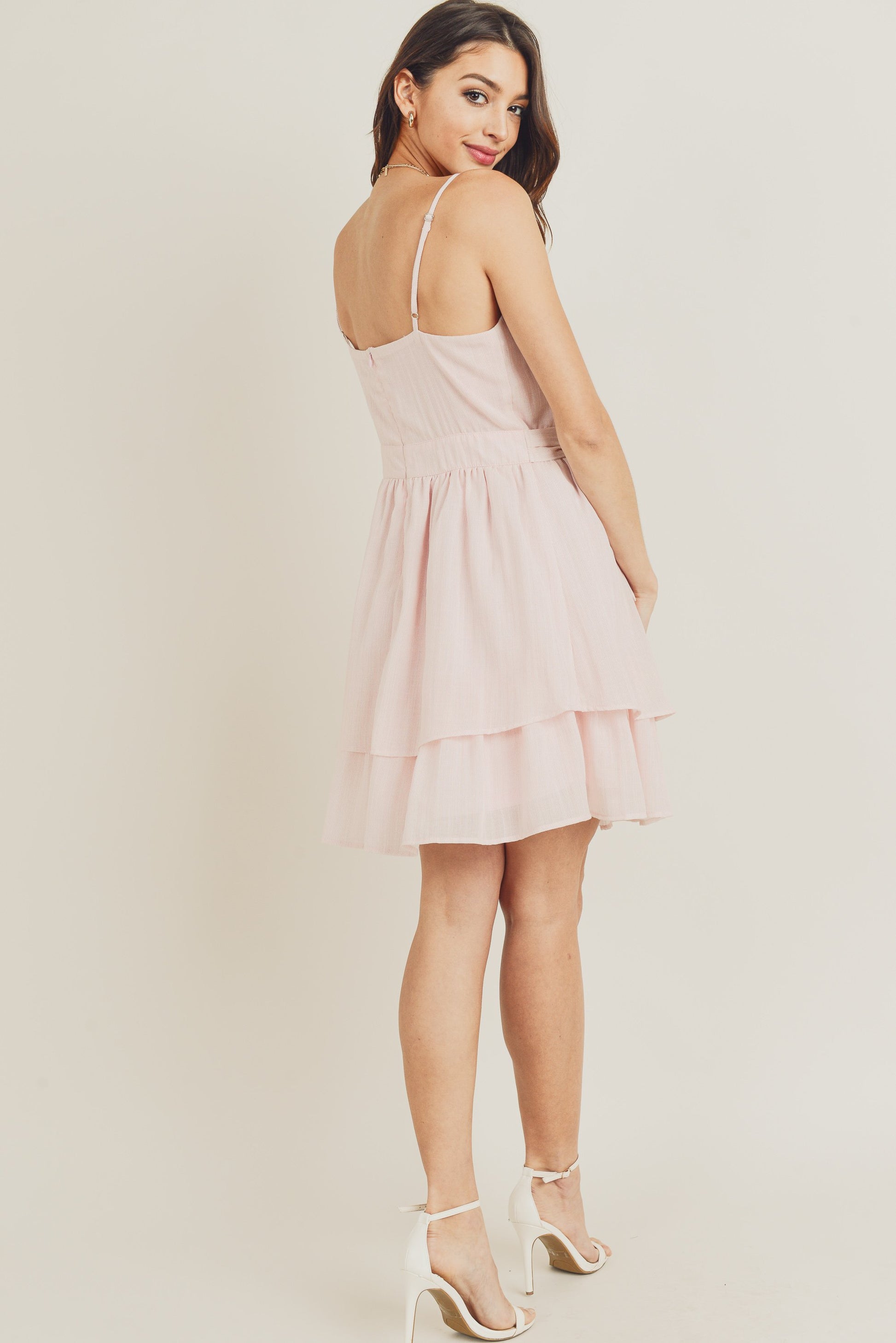 Short Spaghetti Strap Waist Tie Double Layer Dress