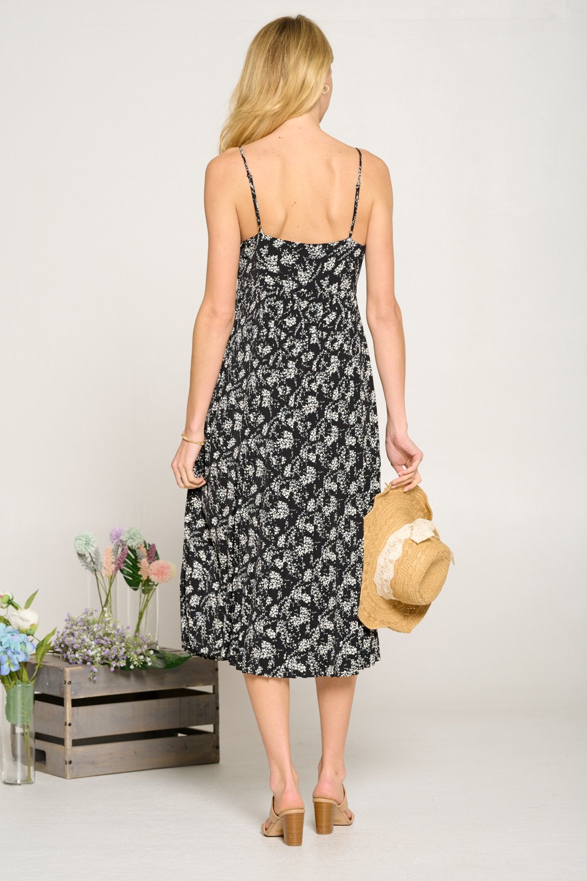 Cocktail Dresses Flower Print Spaghetti Strap Pleated Midi Dress Black