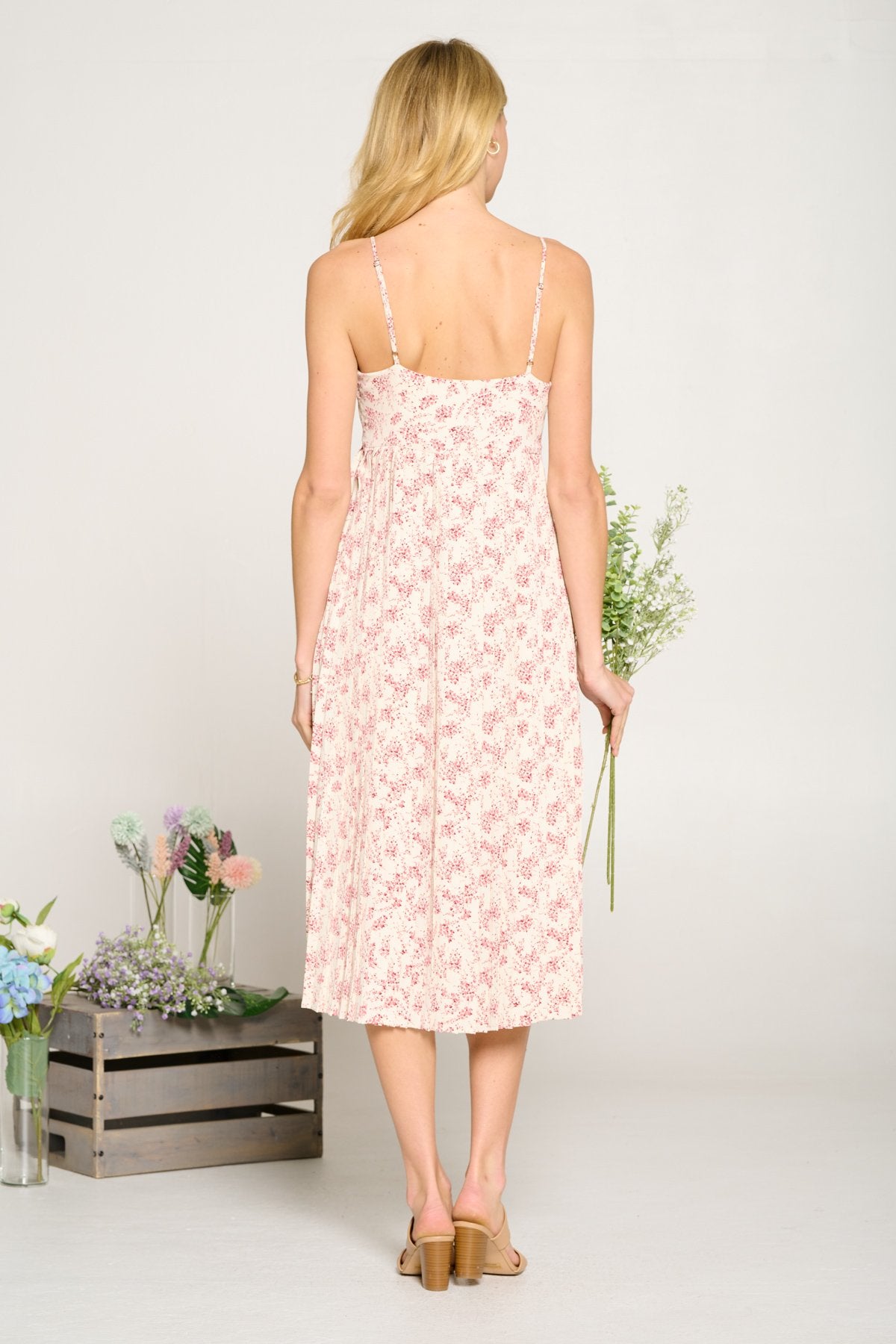 Cocktail Dresses Flower Print Spaghetti Strap Pleated Midi Dress Ivory/Magenta
