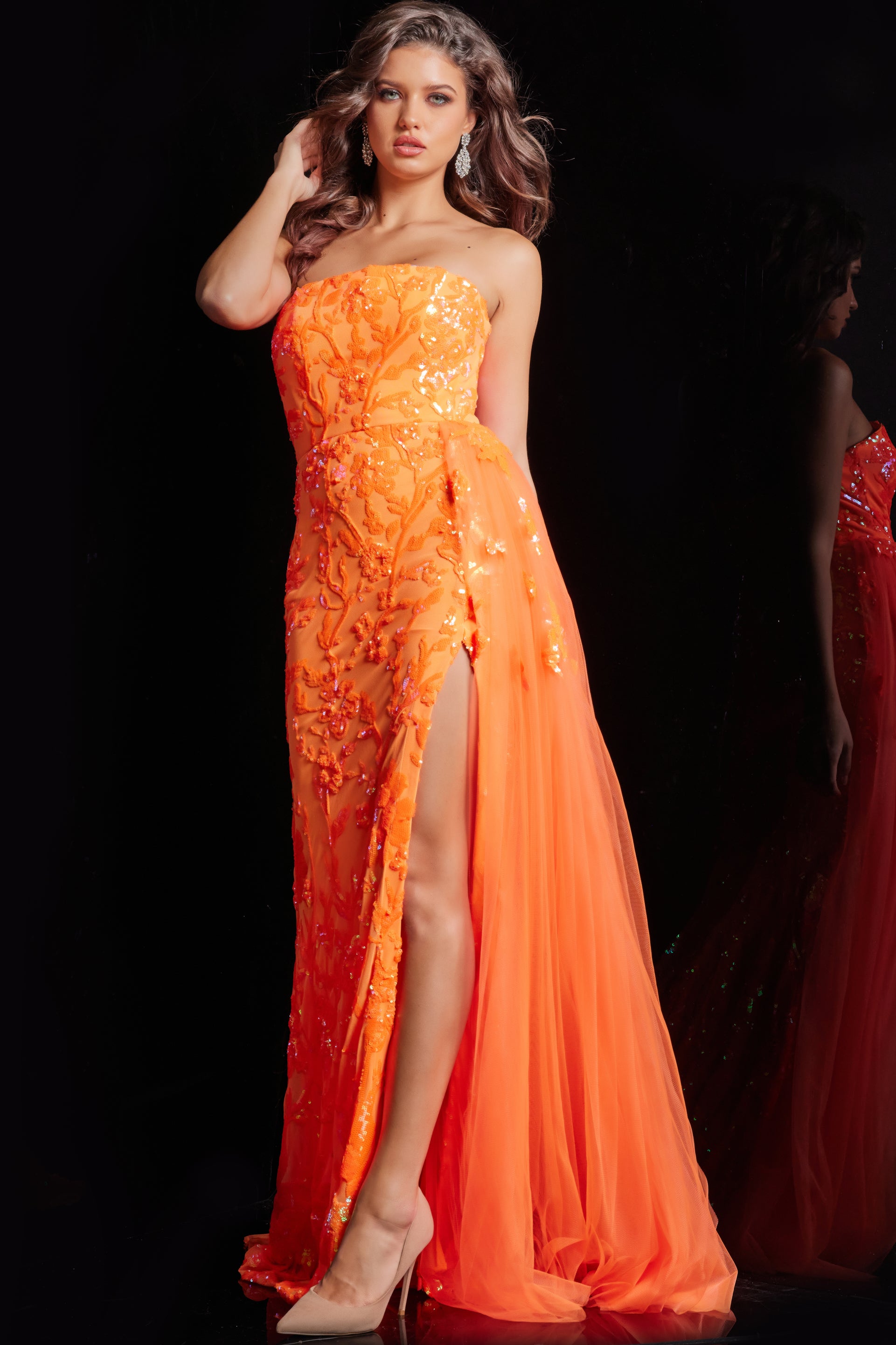 Jovani 26134 Side Tail Fitted Long Formal Prom Dress - Neon Pink / 2 Jovani 26134 Side Tail Fitted Long Formal Prom Dress - Neon Pink / 2