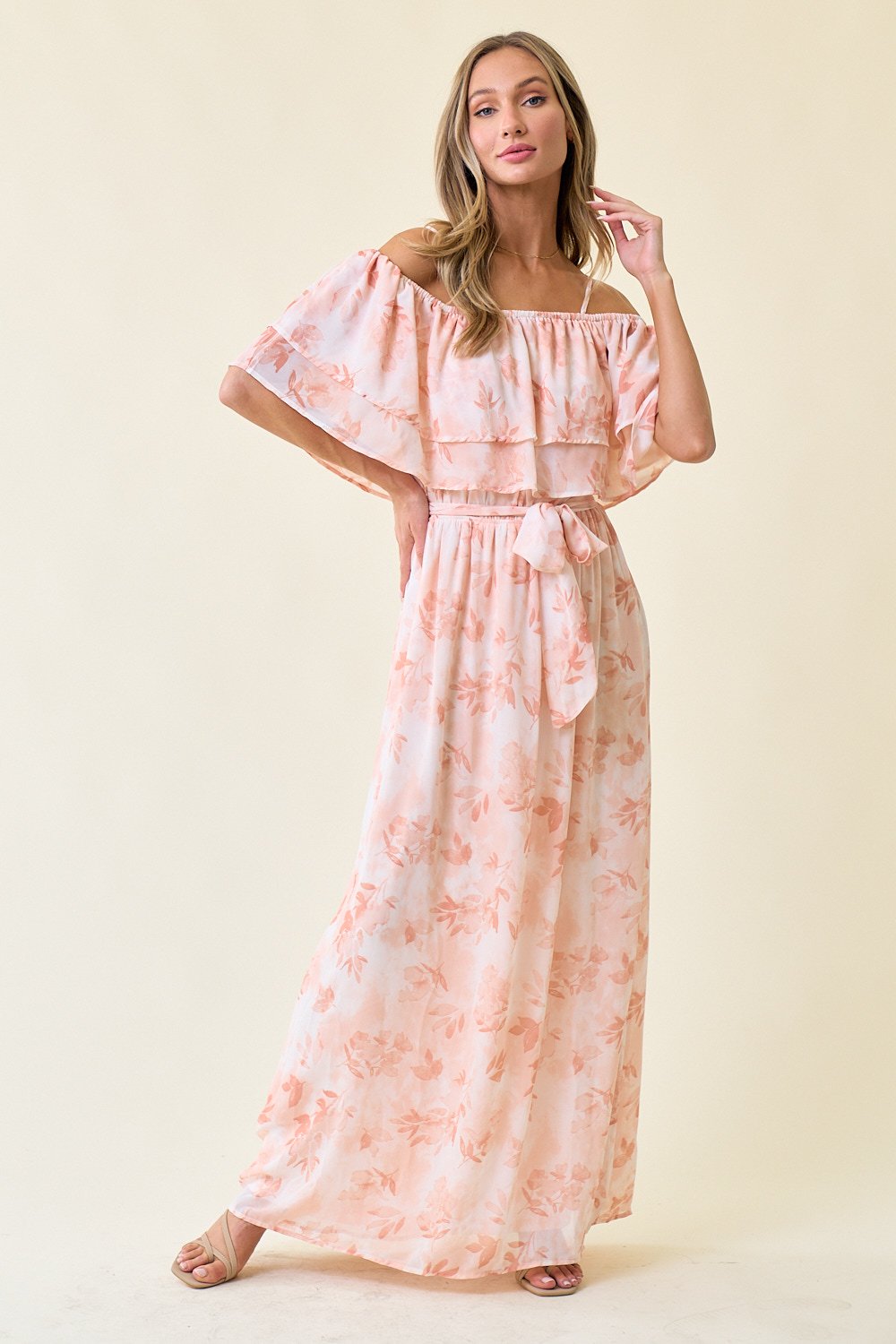 Cocktail Dresses Long Chiffon Floral Off Shoulder Dress Blush