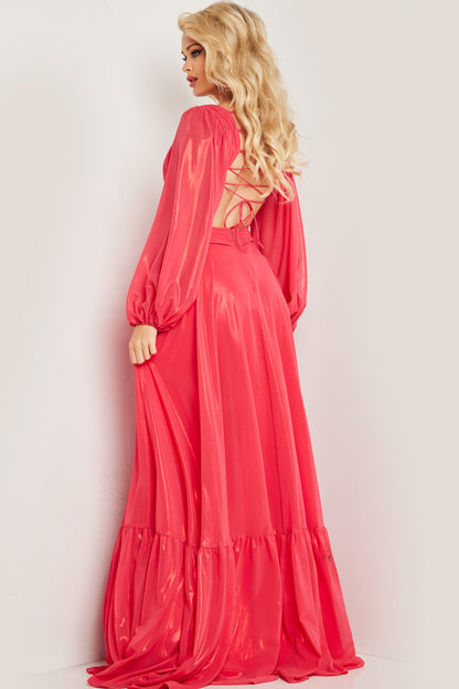 Prom Dresses Long Sleeve Ruched Formal Prom Dress Coral