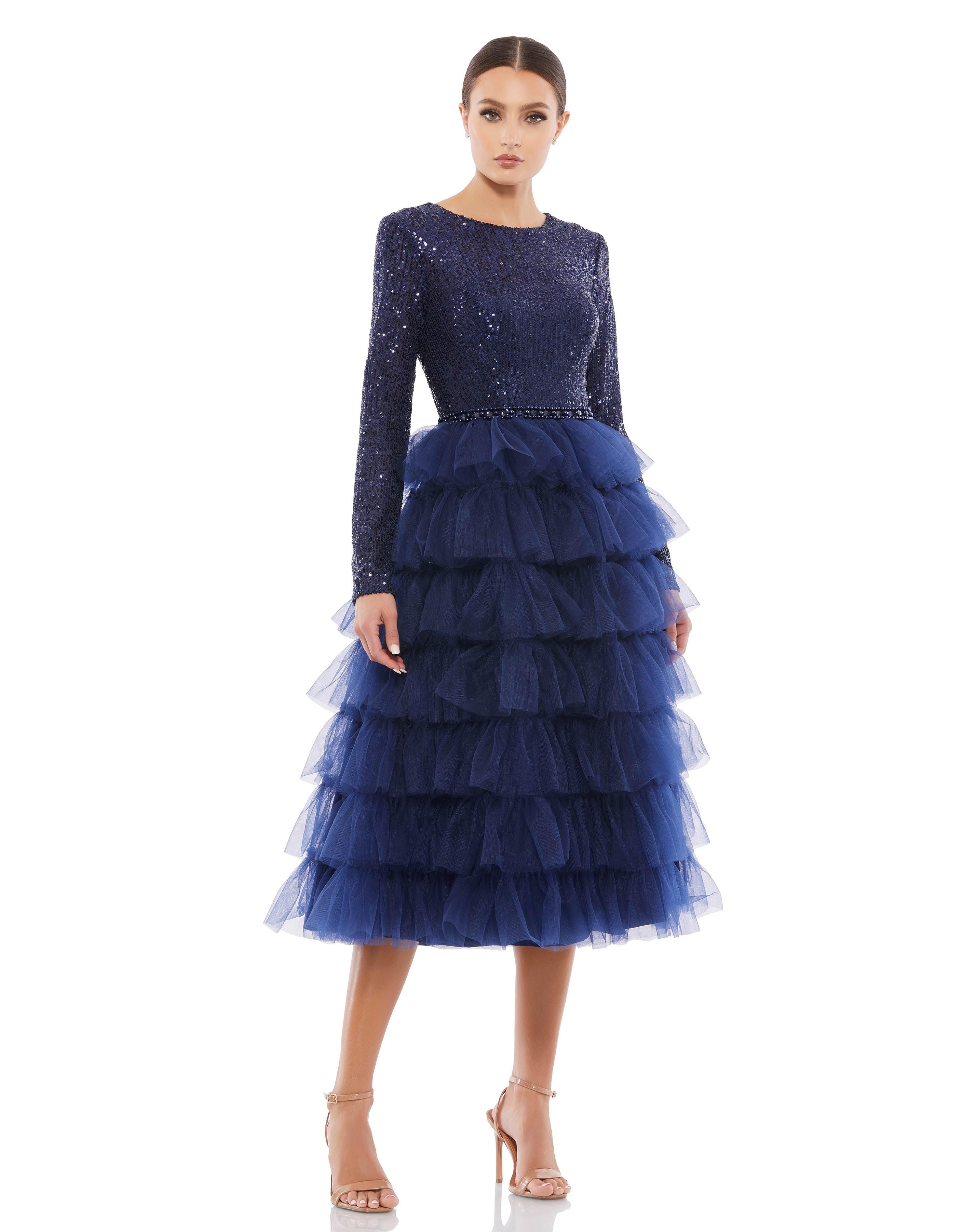 Long Sleeve Tiered Cocktail Dress Tiered Detail Mac Duggal 26299 Long Sleeve Tiered Cocktail Dress Tiered Detail Mac Duggal 26299