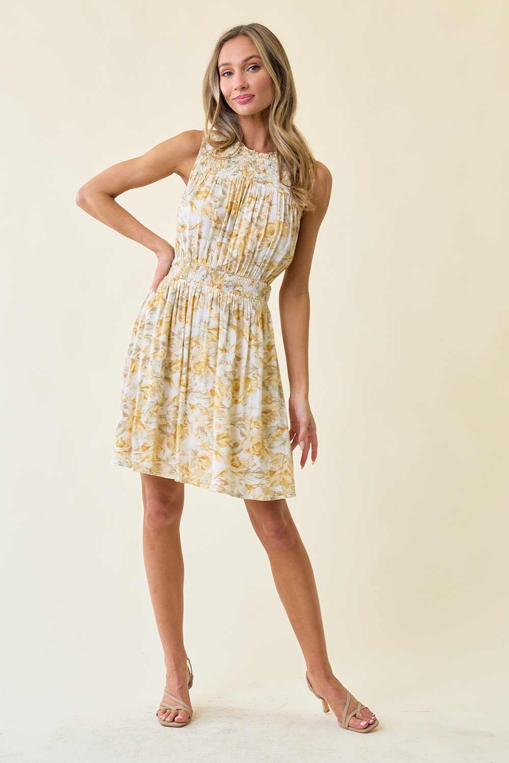 Cocktail Dresses Short Sleeveless Floral Pocket Dress Lt. Mustard